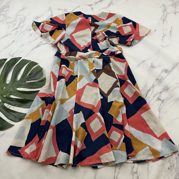 Hutch Flutter Sleeve Wrap Dress Size M Blue Pink Geometric Print Tie Fit Flare - Picture 7 of 10